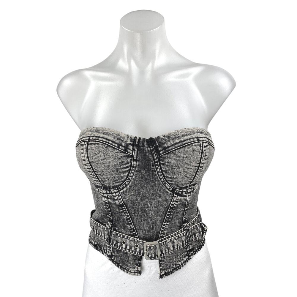 NEW Fashion Nova Black Washed Strapless Bandeau Corset Denim Jean Crop Top XS